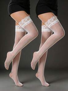 1 Pair Women's White Thigh High Stockings, Lace Trim Sheer Thigh Highs Silky Pantyhose With Silicone Non-Slip, Sexy Over-The-Knee Lace Socks For Summer Beach Holiday Birthday Party - Multicolor - View 8