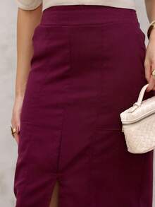 Linen Midi Skirt With Stylish Slit And Flexible Waistband - 如圖 - 查看 5