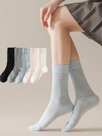 1/5双装女士薄款网眼镂空花卉芭蕾舞风格中筒袜，舒适纯色船袜，适合春夏穿着