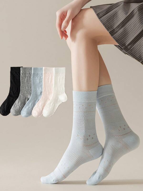 1/5双装女士薄款网眼镂空花卉芭蕾舞风格中筒袜，舒适纯色船袜，适合春夏穿着