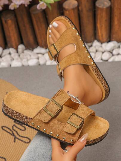 1 Đôi dép xăng đan mùa hè thời trang kiểu retro dành cho nữ, có khóa cài, đế bằng bằng nút bần mềm mại kiểu , quai đơn, đế dày chống trượt, kiểu dáng đế bằng hở mũi, dép xăng đan cổ điển đa năng, thoải mái, thoáng khí, thích hợp đi biển/đi phố/đi làm.
