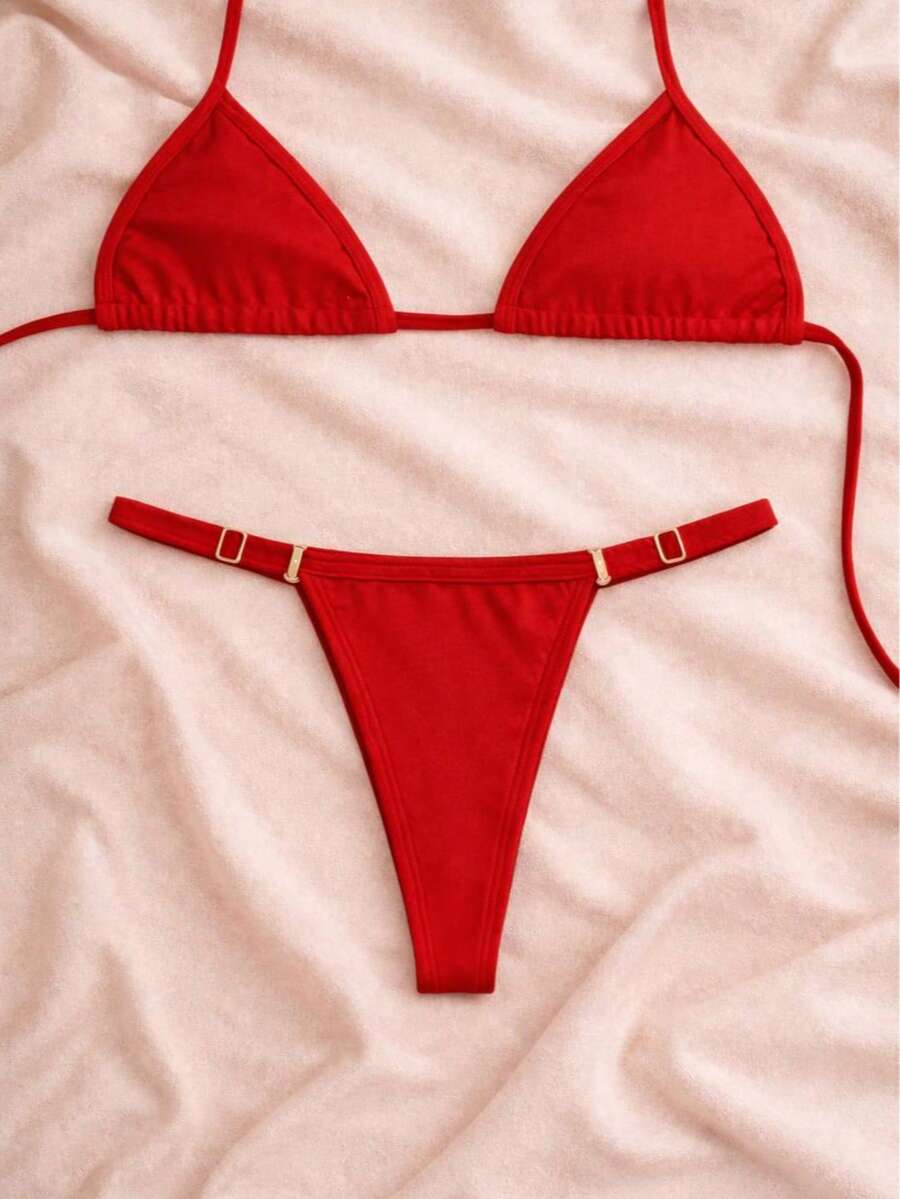 Women's String Bikini With Adjustable Straps – Exclusive Summer Tie-Up Style For Beach And Vacation - Red - View 1