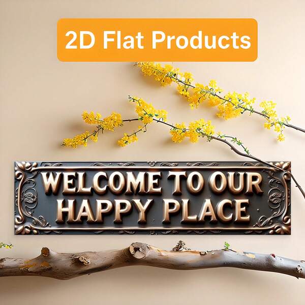1pc 2D Printed Multifunctional "Welcome To Our Happy Place" Decorative Plaque And Sign, A Novel Gift For Decorating Indoor And Outdoor Areas Such As Restaurants, Porches, Yards, And Garages, 2D Flat Design