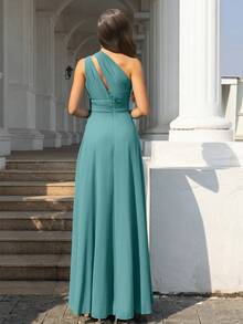 Elegant Sleeveless Chiffon Maxi Bridesmaid Dress With Asymmetric V-Neck And Ruched Details, Suitable For Wedding Guests - Teal Blue - View 2
