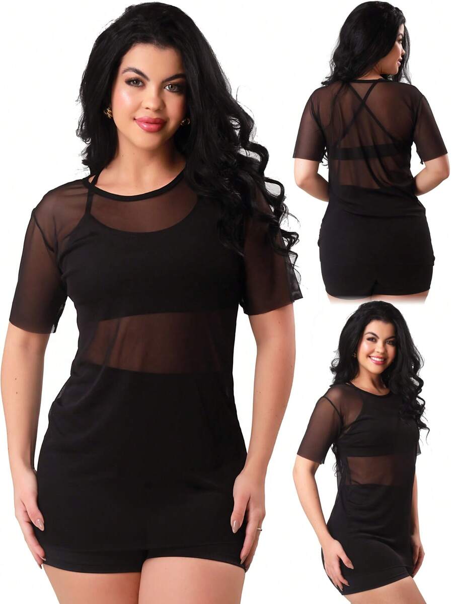 Work Fitness Women's Tank Top, Low Cut, Mesh, Gym Blouse - màu đen - Xem 1