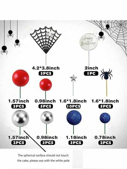 37PCS Spider Cake Decorations, Red And Blue Foam Balls, Happy Birthday Acrylic, Star Cake Decorations, Spider Web Decorations, Suitable For Men's Birthday Cake Decorations, Themed Cake Decorations(Do Not Touch The Cake Directly; Please Use A White Or Transparent Rod Or Bamboo Skewer.)