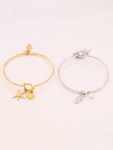 1 pieza Brazalete de acero inoxidable con colgante de concha, estrella de mar y caracol, brazalete abierto de moda con perlas y encantos del océano - pulsera - Ver 4