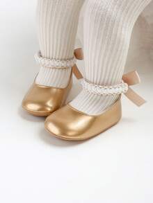 Sepatu Flat Mary Jane untuk Bayi Perempuan Baru Lahir, Dekorasi Pita, Sol Lembut Anti Selip, Sepatu Bayi Pra-berjalan dari Kulit PU, Pita Mutiara - Emas - View 12