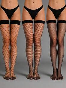 3 Pairs Women's Black Thigh High Fishnet Stockings, Elastic Mesh Socks, Summer Travel Essential Gift - Multicolor - View 8