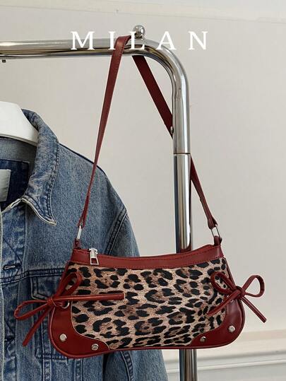 New Minimalist Fashion Leopard Print Decorative Shoulder Bag, Contrast Color Design. Foldable Underarm Bag, Baguette Bag, Shoulder Bag, Business Commuter Bag, Burgundy, Suitable For Outings, Shopping, Work, Parties, Holidays, Dates, Short Trips And Other Occasions.