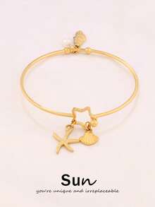 1 pieza Brazalete de acero inoxidable con colgante de concha, estrella de mar y caracol, brazalete abierto de moda con perlas y encantos del océano - pulsera - Ver 1