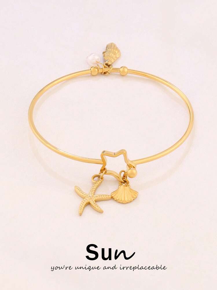 1pc Stainless Steel Shell Starfish Conch Pendant Bangles Fashion Open Bangle Pearl Ocean Charms Bangle Bracelet Jewelry - Bracelet - View 1