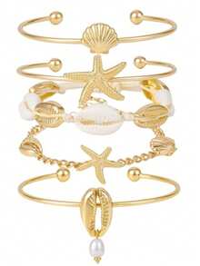 Shell Bracelet, Bohemian Beaded Elastic Bracelet, Summer Beach Shell & Star Pendant Bracelet Set, Gold-Plated Layering Bracelets For Women - Multicolor - View 7