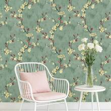 1卷复古绿色梅花和黄色花卉壁纸 - 3D加厚，防水，防污，易清洁，自粘式接触纸，适用于优雅家居装饰、厨房橱柜、桌面和房间背景，花卉PVC剥离粘贴壁纸 - 綠色 - 查看 6