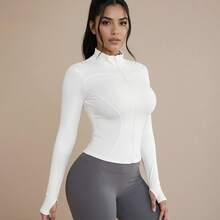 LKZ 女士纯色立领运动夹克，轻质全拉链瑜伽夹克适合户外跑步，修身设计带拇指孔，适合室内/户外运动 - 健身房锻炼 - 黑色 - 查看 2