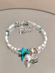 女士防水串珠沙滩脚链，可调节星形贝壳珍珠脚链，波西米亚风夏季沙滩派对礼物 - 彩色 - 查看 4