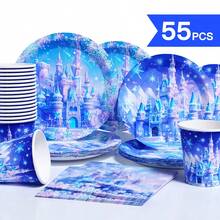 10件套一次性冰雪奇缘城堡主题餐盘、餐巾纸、杯子，适合10位客人使用，一次性纸盘餐具，适用于生日、婚礼、主题派对、家庭野餐等场合。 - 款式2 - 查看 1