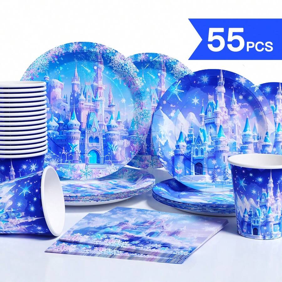 10件套一次性冰雪奇缘城堡主题餐盘、餐巾纸、杯子，适合10位客人使用，一次性纸盘餐具，适用于生日、婚礼、主题派对、家庭野餐等场合。 - 款式2 - 查看 1