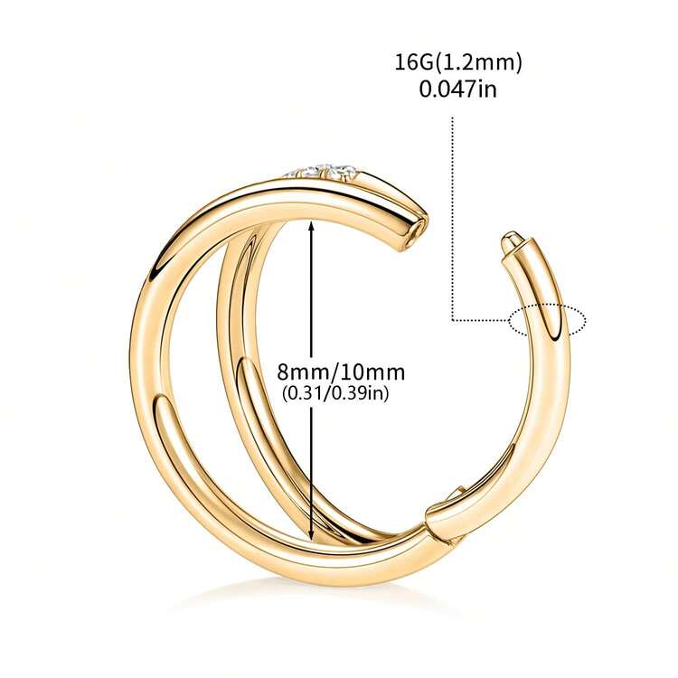 单环双环锆石鼻环，适用于单耳穿孔 - 不锈钢低过敏性铰链式鼻环 | 18K镀金透明锆石鼻中隔环 | 耳骨环耳环，耳廓耳廓穿孔饰品，男女通用 - N075 - 查看 3