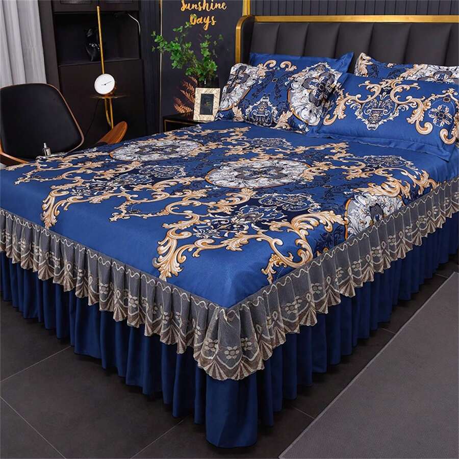 3pcs Lace Floral Printed Chiffon Bed Skirt Set (1 Bed Skirt + 2 Pillowcases), Comfortable Non-Slip Bedding Set, Suitable For Bedroom And Guest Room, Machine Washable, All Seasons - Parisian - View 1