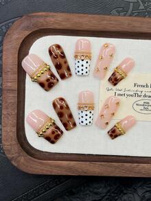 10片装Y2K风管状美甲贴片套装 - 手工制作，粉色美甲贴片，棕色美甲贴片，棕色豹纹法式美甲贴片，手工3D金环和3D水钻环设计，手绘豹纹和波点图案，闪亮水钻和金色小钢珠装饰，精致优雅的美甲贴片 - 适合派对和休闲装扮，是送给女性和女孩的完美节日礼物。 - 彩色 - 查看 13