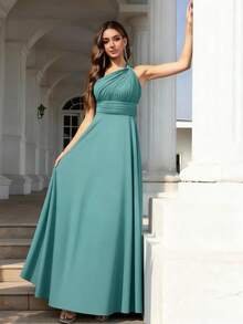 Elegant Sleeveless Chiffon Maxi Bridesmaid Dress With Asymmetric V-Neck And Ruched Details, Suitable For Wedding Guests - Teal Blue - View 5