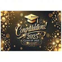 2D Flat, 1 Piece Graduation Congratulation  Elegant Gold & Graduation Design, With Shiny Confetti & 2025 Numbers  Polyester Party Decoration, Suitable 2025 Graduates, Four Seasons Indoor/Outdoor Wall Decoration, Suitable Home, Office - 多色 - 查看 3