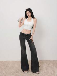 YEAE | 美式低腰阔腿牛仔裤，修身弹力喇叭裤腿长裤，纯色女士休闲春季款 - 黑灰色 - 查看 4