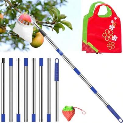 Numola Fruit Picker Pole With Basket 10.3FT Adjustable Pole With 2 Strawberry Bags For Orange Lemon Avocado Mango Cherry Apple Pear Apricot Limes Peach Plums Persimmons Tree Picker Blue