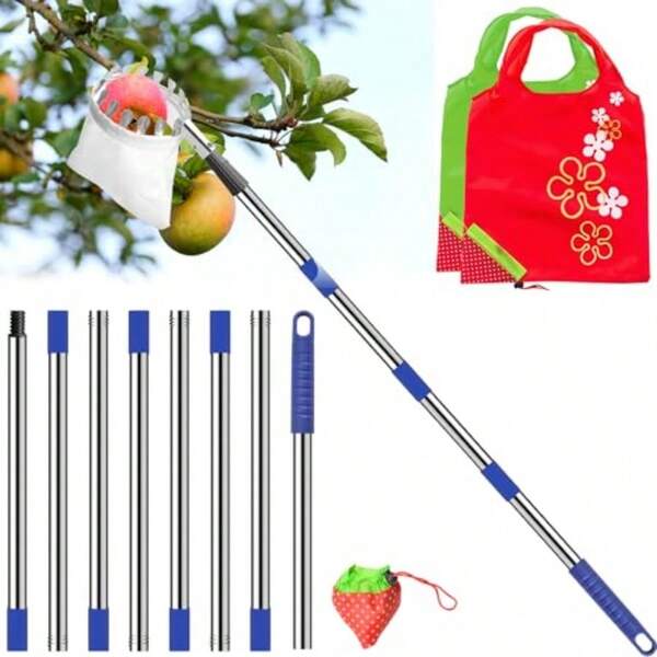 Numola Fruit Picker Pole With Basket 10.3FT Adjustable Pole With 2 Strawberry Bags For Orange Lemon Avocado Mango Cherry Apple Pear Apricot Limes Peach Plums Persimmons Tree Picker Blue