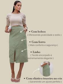 Linen Midi Skirt With Stylish Slit And Flexible Waistband - 鼠尾草綠 - 查看 6
