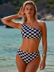 Women's One-Piece Swimsuit With Adjustable Shoulder Straps| Plaid Pattern, High-Elasticity Spandex Fabric, One-Shoulder Style - trắng - Xem 1