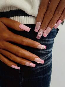 10片装Y2K风格管道形美甲贴片套装 - 手工制作，粉色美甲，粉色法式美甲，手工3D花朵，3D粉色花朵美甲。手绘3D水滴图案设计，粉色小花和白色仿珍珠装饰手工美甲贴片 - 彩色 - 查看 3