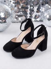 Zapatillas de tacón cuadrado de altura media para mujer de moda, con hermoso acabado y pulsera con hebilla ajustable en tobillo, perfecto para ocasiones especiales, fiestas o para añadir un toque glam a tu outfit. La punta redonda y el tacón cuadrado aseguran estabilidad y comodidad, mientras que la pulsera ajustable en el tobillo brinda comodidad y elegancia. - Negro - Ver 4