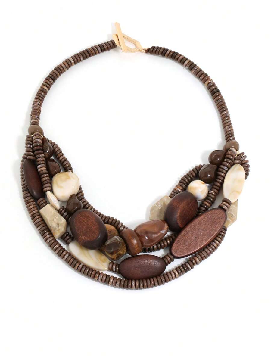 Bohemian Style Maillard Multi-Layer Wooden Beaded Necklace, Niche Design Retro Resin Splicing Choker - Brown - View 1