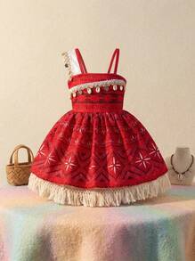 Disfraz de aventura para niñas, vestido de princesa para fiesta de cumpleaños de niñas, vestido con flecos con collar y pasador para el cabello - Rojo - Ver 2