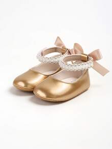 Sepatu Flat Mary Jane untuk Bayi Perempuan Baru Lahir, Dekorasi Pita, Sol Lembut Anti Selip, Sepatu Bayi Pra-berjalan dari Kulit PU, Pita Mutiara - Emas - View 5