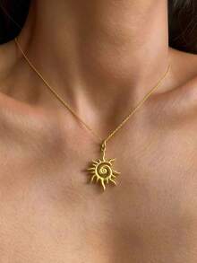 1pc 18K Gold Plated Stainless Steel Sun Pendant Necklace, Clavicle Chain, Ins Style Charm, Gold Jewelry, Back To School, Halloween, Teacher Accessories - Gold - View 3