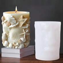 Seashell Conch Embossed Cylinder Candle Silicone Mold, Scallop Starfish Embossed Cylinder Resin Stone Plaster Mold, Ocean Wave Seaweed Embossed Cylinder Concrete Cement Plaster Silicone Mold - White - View 2