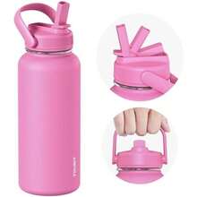 TOURIT 32 Oz Insulated Water Bottle, Stainless Steel Water Bottles With Straw, Double Wall Vacuum Metal For Cold And Hot Drinks, Leak Proof  Flask For Sports And Travel, Hot Pink - Màu hồng đậm - 32 ounce - Xem 1