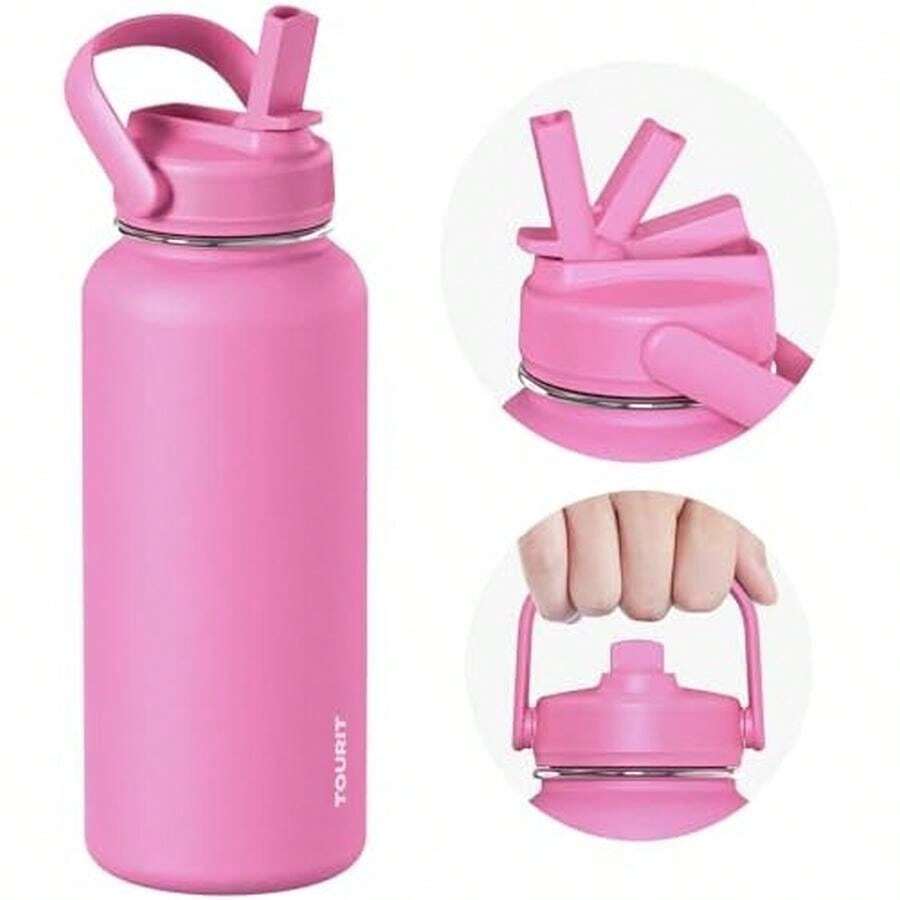 TOURIT 32 Oz Insulated Water Bottle, Stainless Steel Water Bottles With Straw, Double Wall Vacuum Metal For Cold And Hot Drinks, Leak Proof  Flask For Sports And Travel, Hot Pink - Màu hồng đậm - 32 ounce - Xem 1