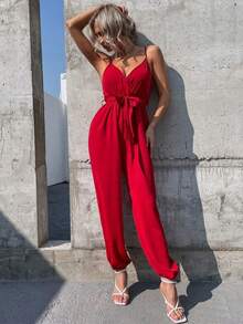 Woman Red V Neck Wide Leg Jumpsuit – Spaghetti Strap Summer Elegant Outfit - Red - View 1