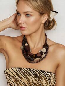 Bohemian Style Maillard Multi-Layer Wooden Beaded Necklace, Niche Design Retro Resin Splicing Choker - Brown - View 10