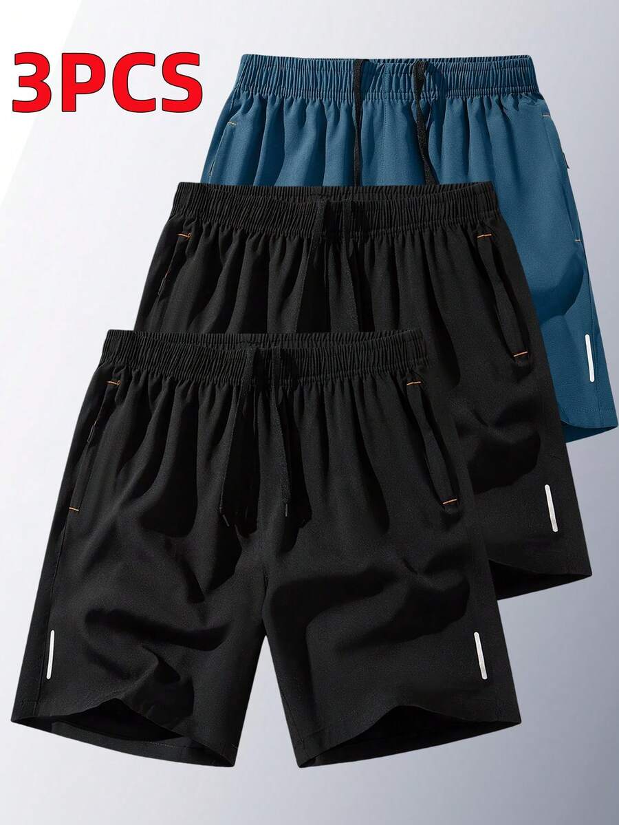 3pcs Men's Sports Shorts, Quick-Dry Breathable Drawstring Elastic Waist Shorts For Running, Gym, Beach, Basketball - Lake Blue - View 1