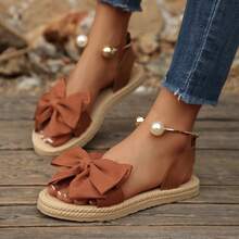 Sandal đế bằng thời trang mềm mại, màu trơn, kiểu nơ, thích hợp cho nữ đi biển hoặc du lịch. - màu nâu - Xem 11