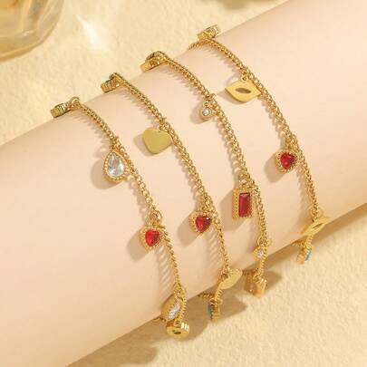 Gold Plated Cubic Zirconia Heart Bracelet, Colorful Zirconia Bracelet, Luxury Jewelry For New Year, Suitable For Wedding, Dating Gift, Daily Matching