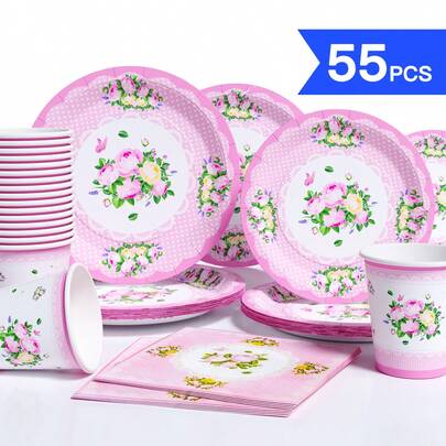 10 pièces/set Assiettes en papier jetables à fleurs en dentelle, serviettes et gobelets, fournitures de fête jetables convenant pour 10 invités. Vaisselle en papier jetable pour anniversaire, mariage, fête à thème, pique-nique en famille