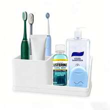 一套可拆卸硅胶浴室牙刷架、化妆品收纳盒和水槽整理架，包含带沥水功能的皂碟，多功能用途 - 白大理石款 - 查看 9