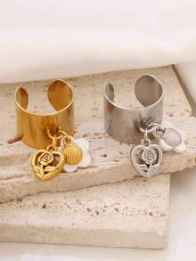 1 pieza Anillo redondo de joyería impermeable para mujer con colgante de acero inoxidable en forma de rosa y corazón, flor dorada y concha - anillo - Ver 6