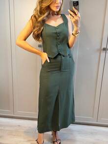 Elegant Women's Tailored Skirt And Vest Set - Army Green - View 12